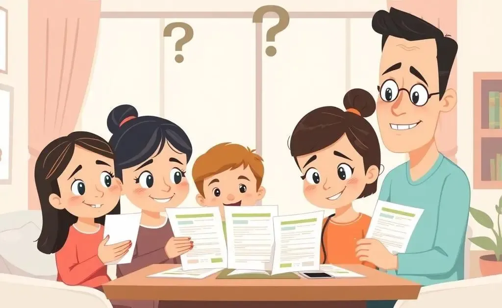 A cartoon family puzzled by health insurance paperwork