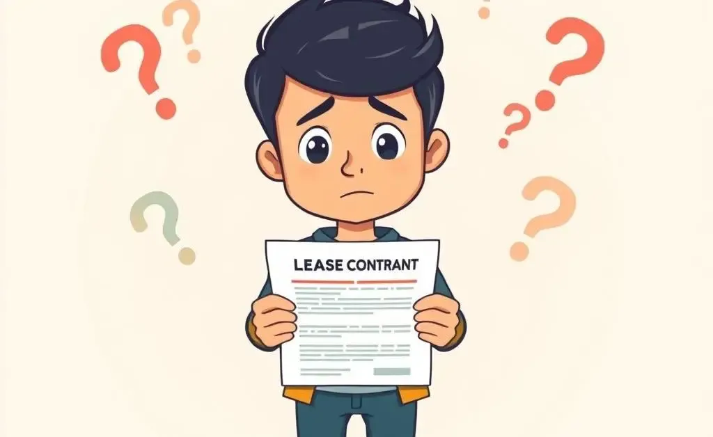A cartoon-style image showing a person holding a lease contract and looking confused.