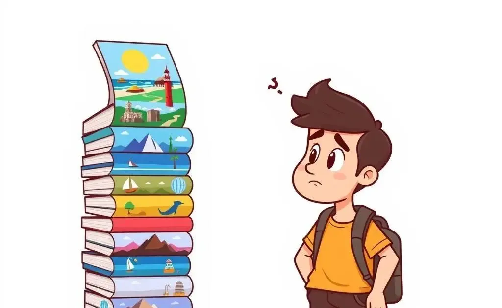 A traveler looking confused at a stack of travel brochures.