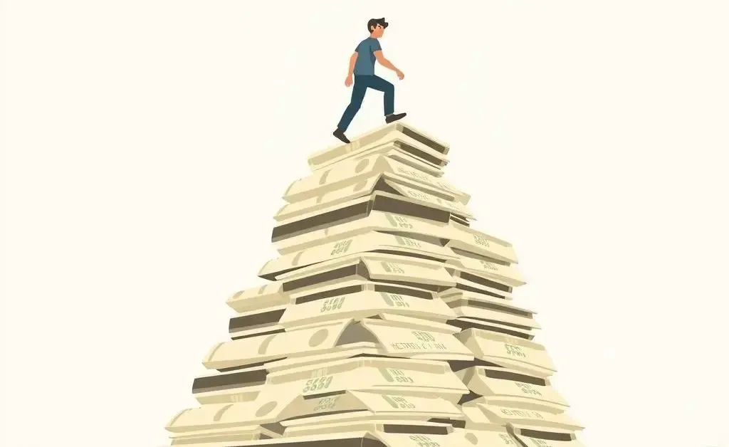 A person climbing a mountain of credit card bills