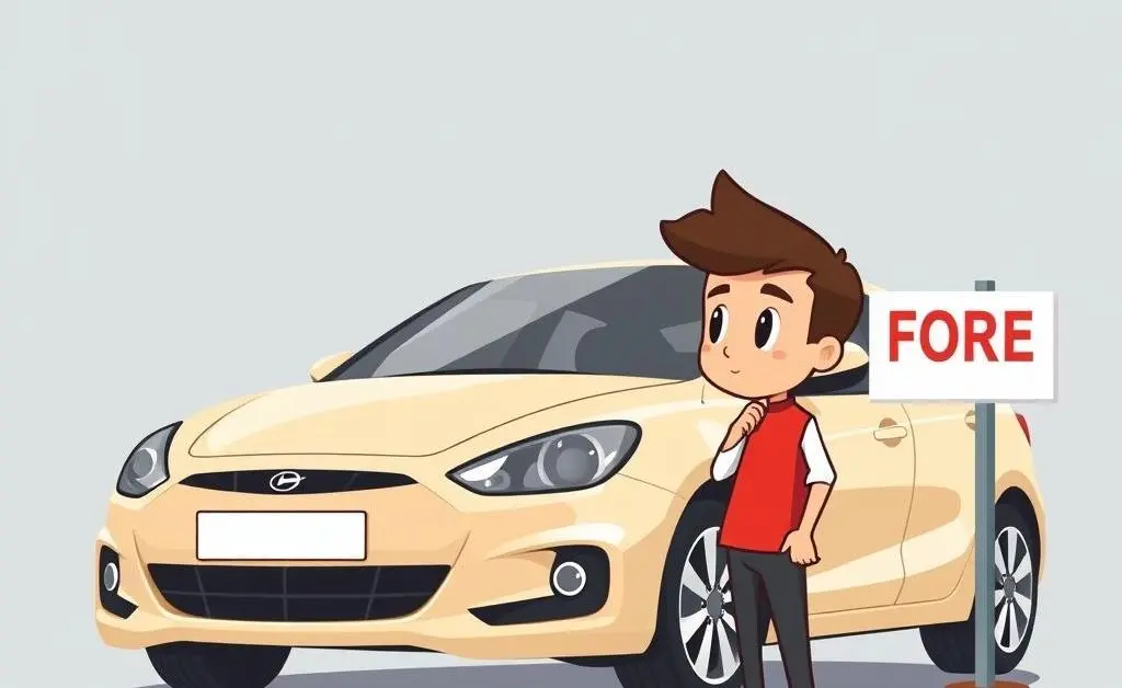 Person contemplating next to a new car with a FOR SALE sign