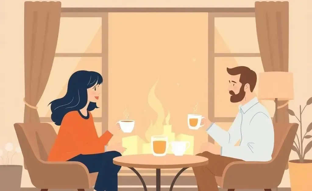 Two friends discussing mortgages over tea in a cozy setting