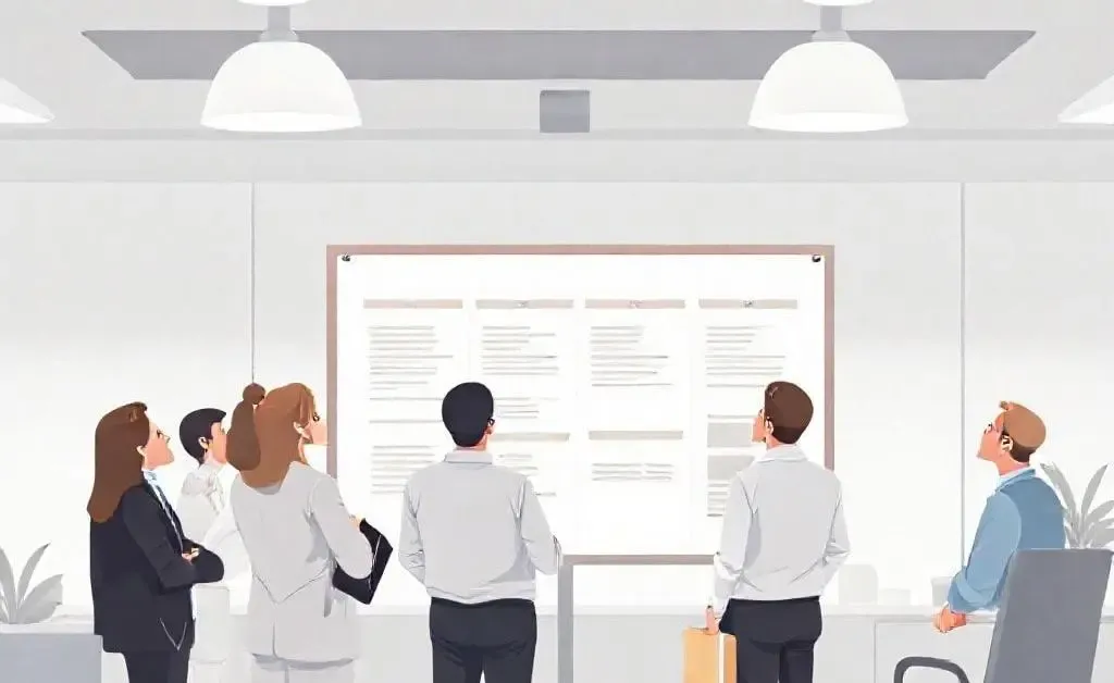 Employees gathered around a notice board looking concerned