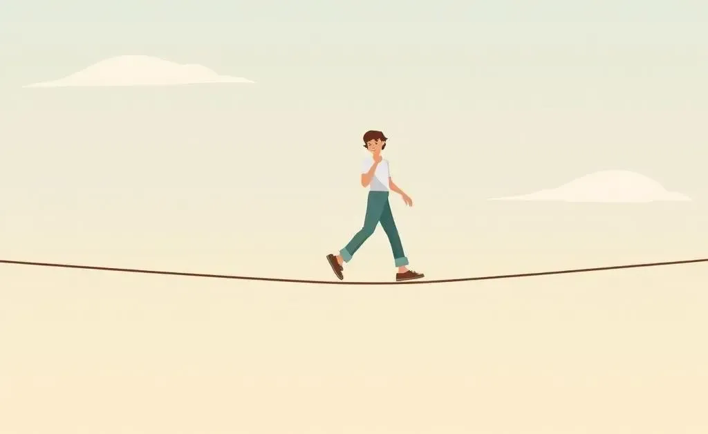 Person balancing cost of living against quality of life on a tightrope.