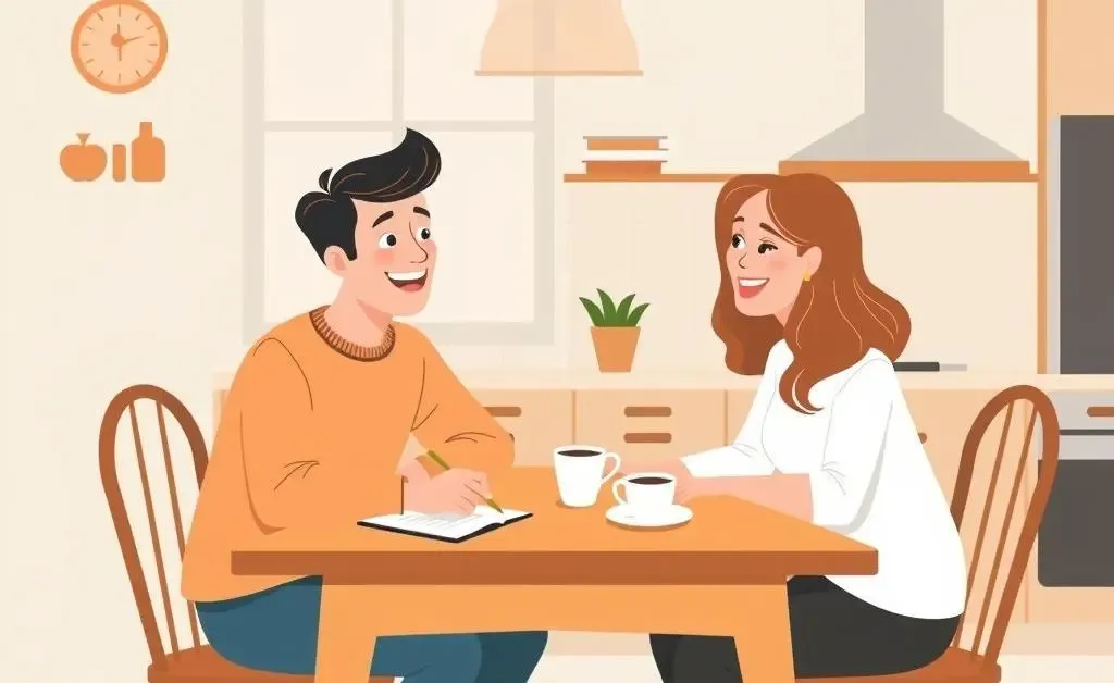 Cheerful couple discussing budget plans at a kitchen table