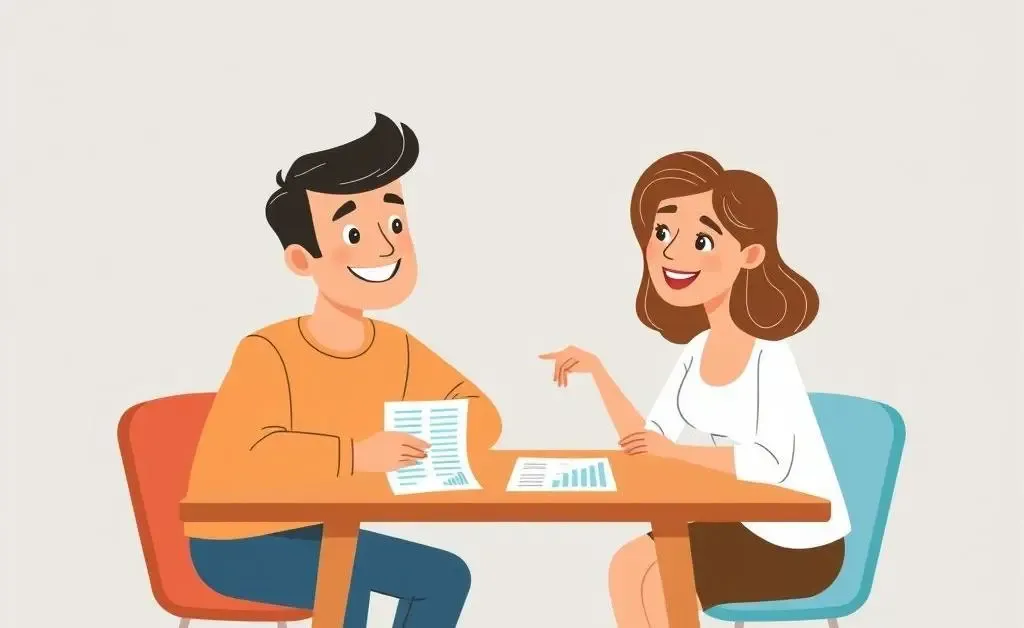 A couple engaged in a friendly financial discussion at a table with a budget sheet.