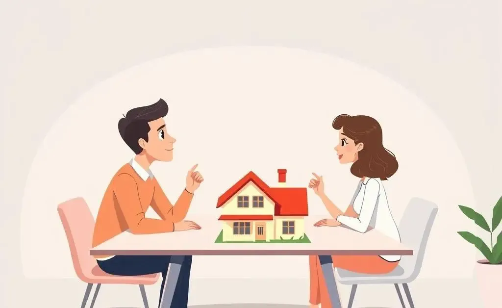 A couple discussing home finances with a house model on the table.
