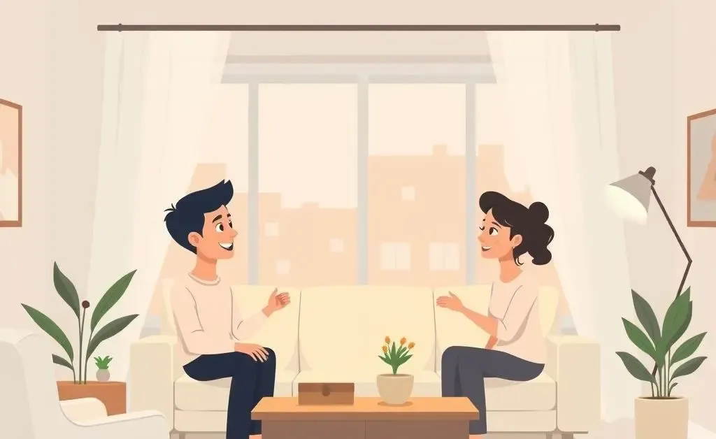 A couple discussing home buying options in a cozy living room