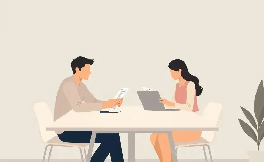 A couple discussing finances at a table with a laptop and bills