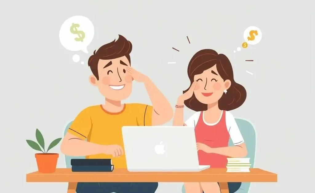 Descriptive cartoon image of a couple managing their finances