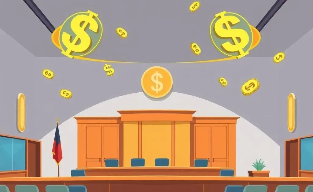 A cartoon courtroom with money symbols to represent jury duty compensation.