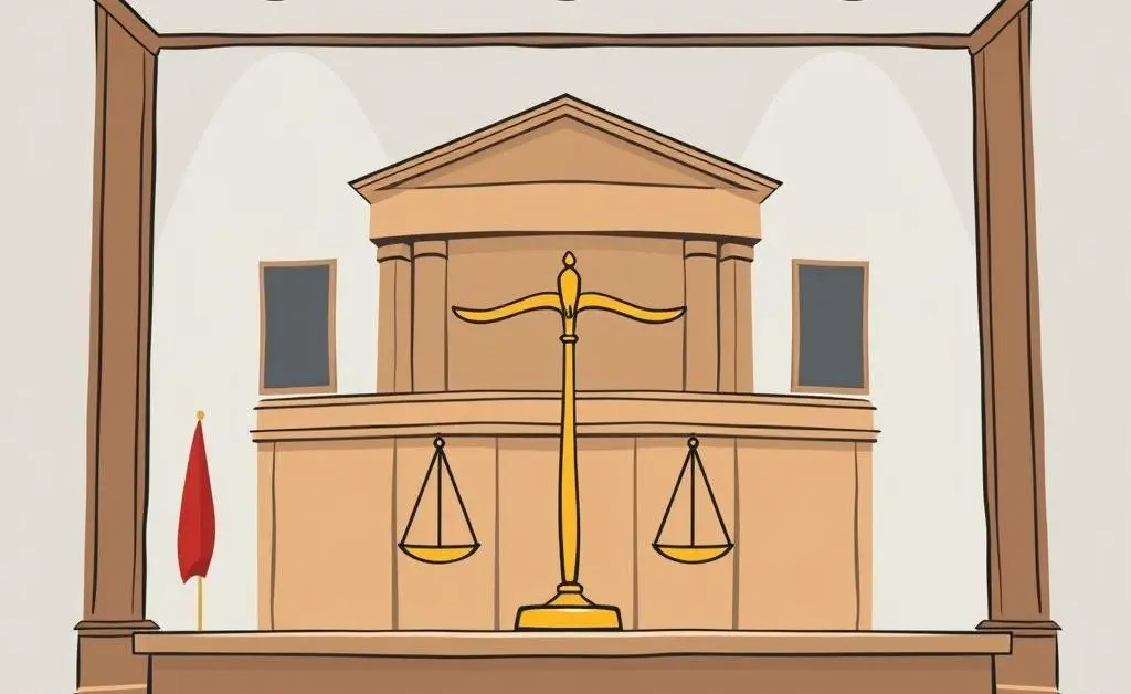 Drawing of a courtroom with scales of justice.