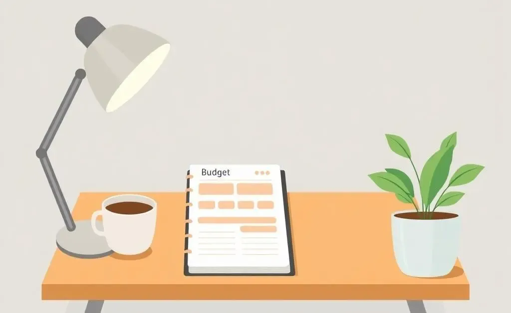 A calming workspace with a budget planner and coffee cup
