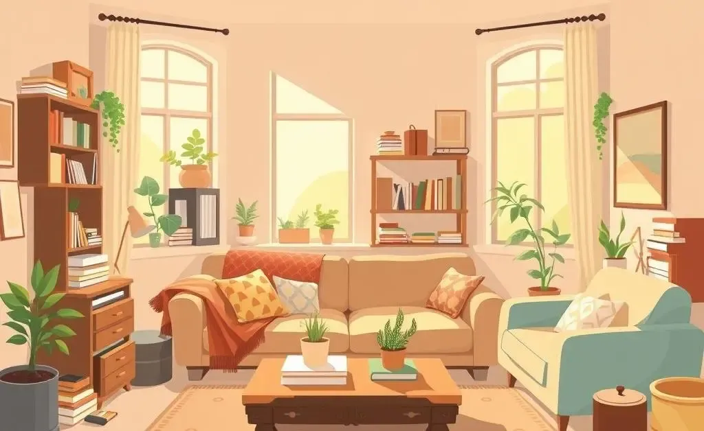 A cozy and slightly cluttered living room bathed in morning sunlight