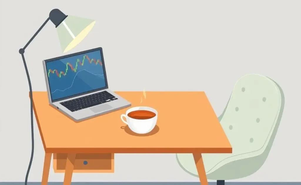 A cozy desk setup with a cup of tea and a stock market graph on a laptop screen