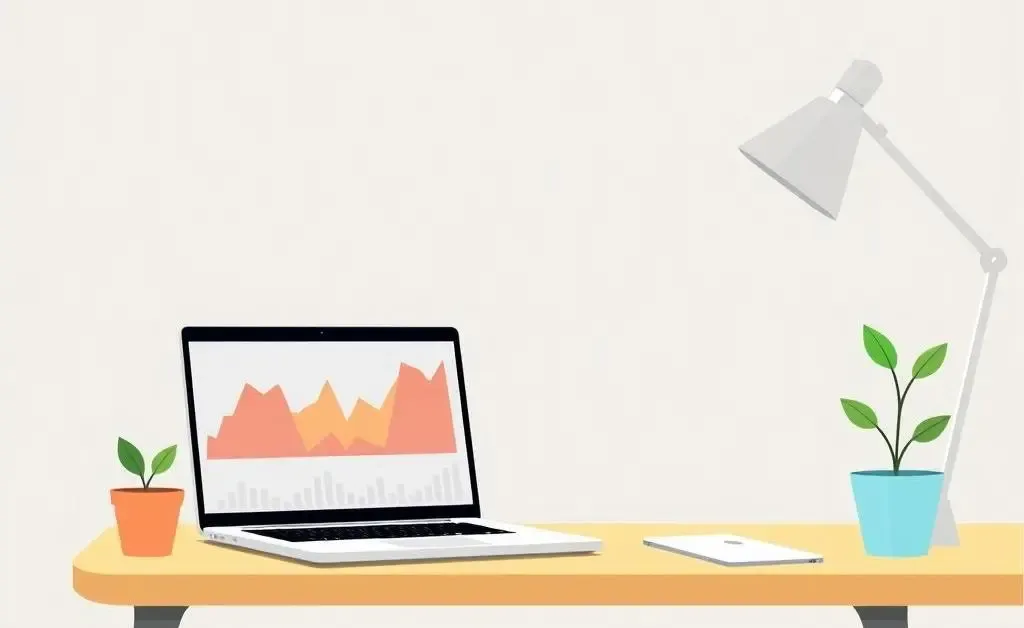 Cozy workspace with a laptop showing stock charts and a small plant