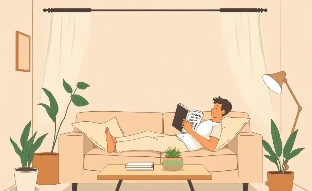 A person in a cozy living room reading about finance