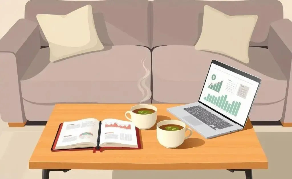 A cozy setting for financial planning with a notebook, laptop, and tea.