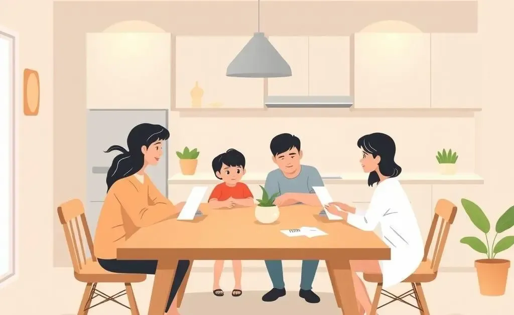 Family having a financial discussion around a kitchen table.