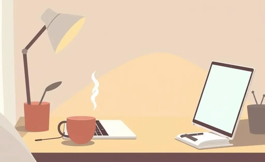 A cozy home office setup with a laptop and coffee mug