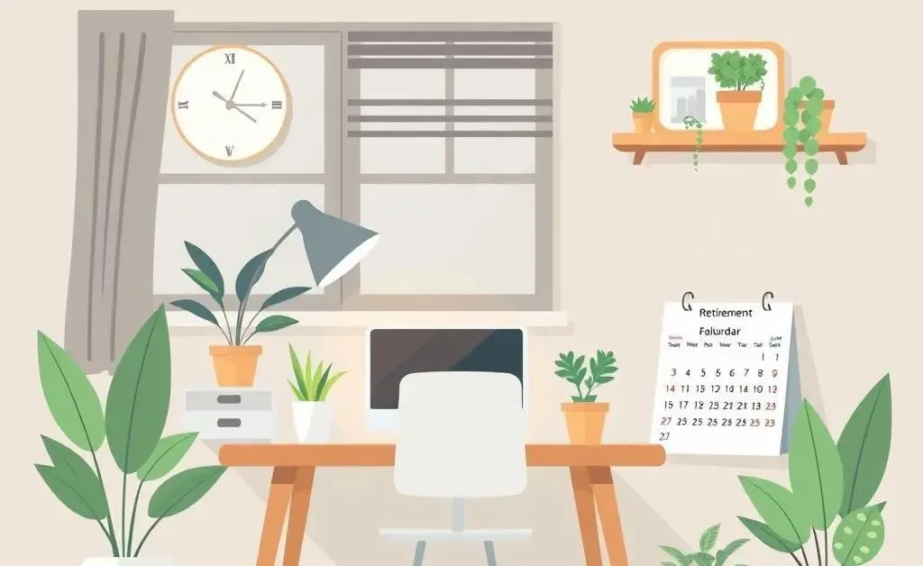 A cozy home scene with minimalist desk and retirement calendar