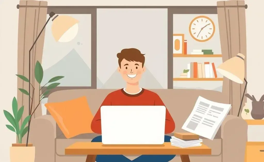A person calmly reviewing investment options on a laptop in a cozy living room.