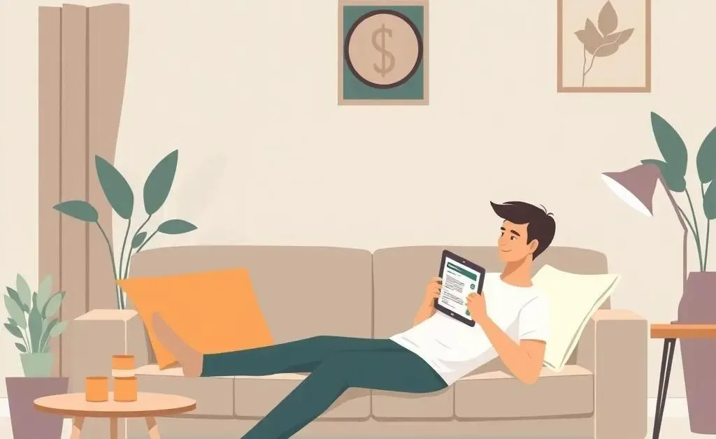 A person reading about investments on a tablet in a cozy living room