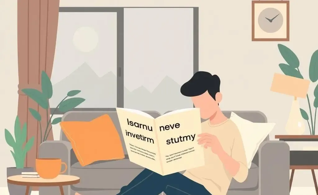 A person sitting in a cozy living room reading about investment strategies