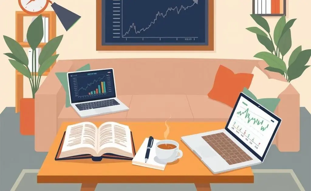Cozy living room with investment books, tea, and laptop showing stock charts