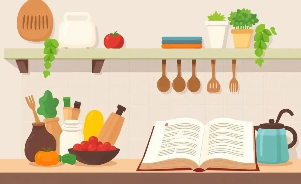 A cozy kitchen with fresh ingredients and a recipe book.