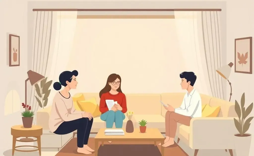 A cozy living room with a family planning their home budget