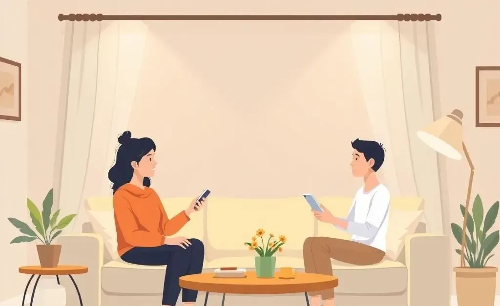 A couple discussing finances in a cozy living room.