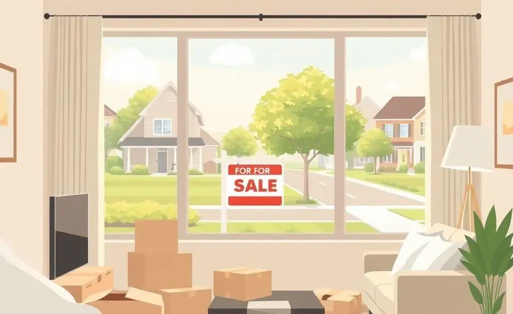 Cozy living room with moving boxes and a 'For Sale' sign outside