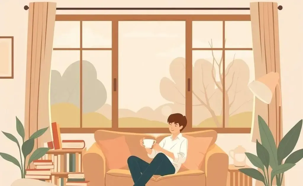 A cozy living room atmosphere with a person enjoying tea, books, and a scenic window view