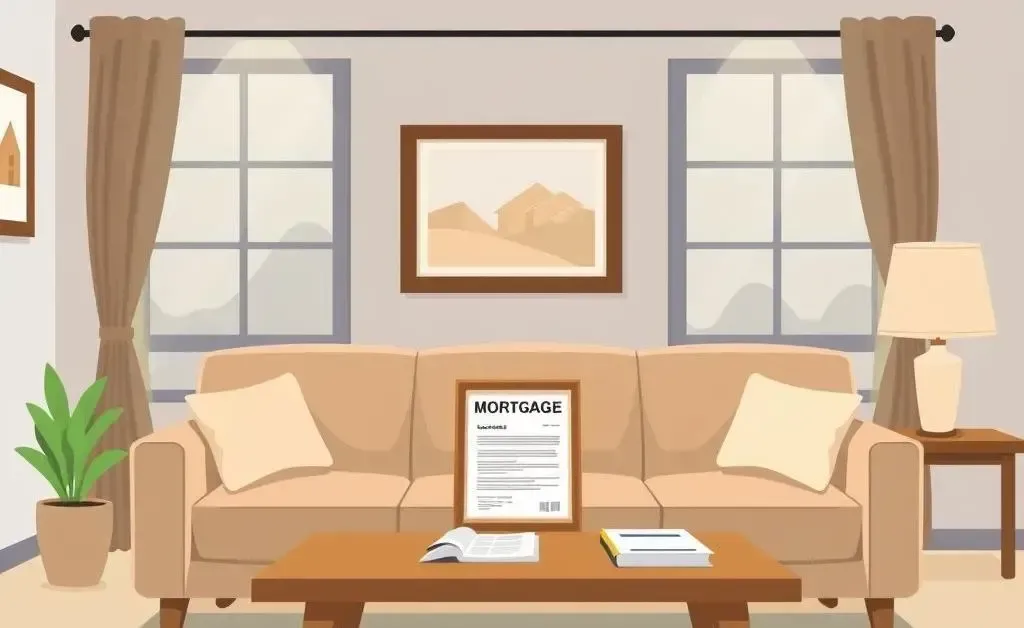 A cozy living room with mortgage documents, illustrating homeownership.