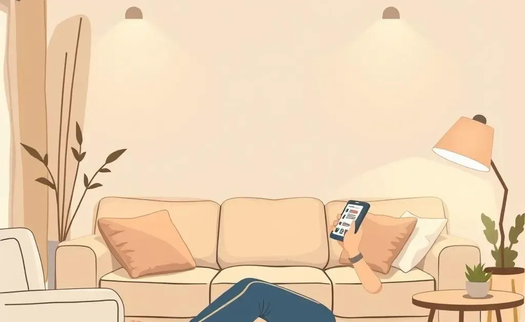 A peaceful living room with someone viewing financial news on a tablet