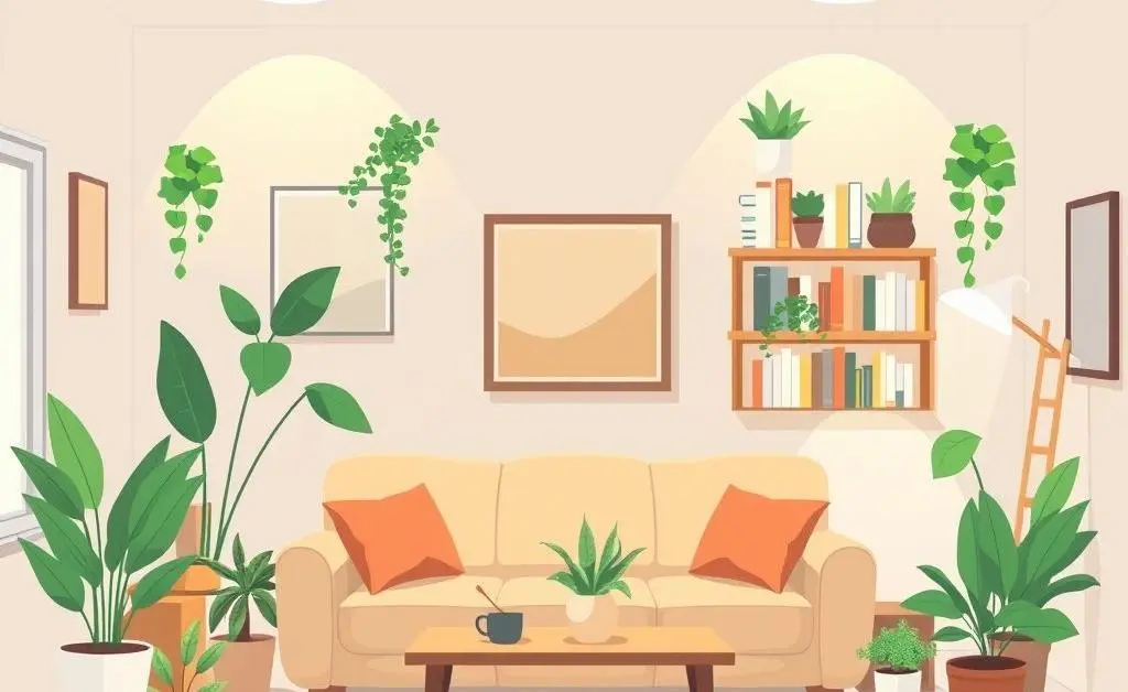 Cartoon illustration of a cozy and organized living room