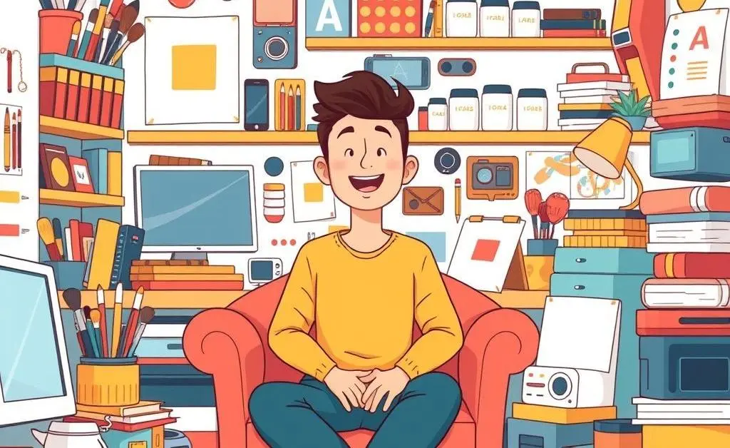 Person in a cluttered yet vibrant workspace full of creative tools