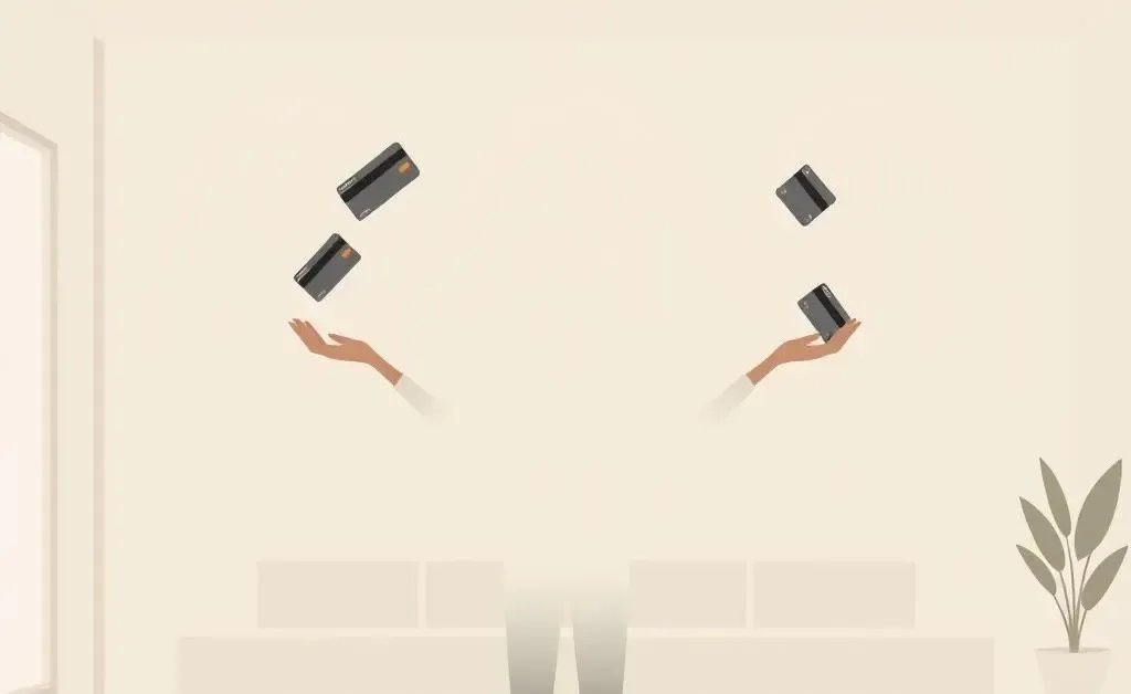 Illustration of person balancing credit cards peacefully.