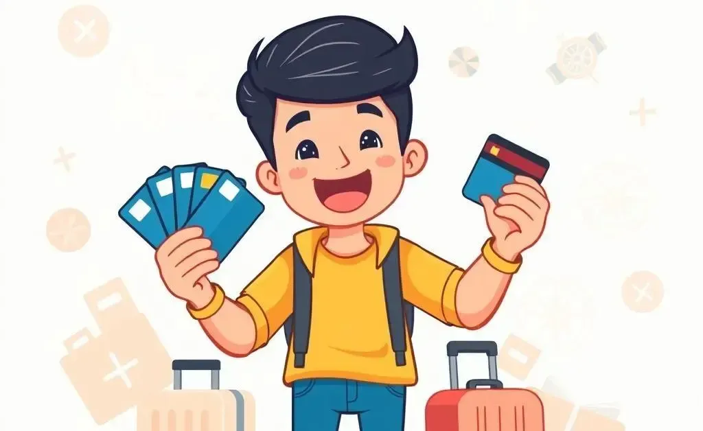 Person with multiple credit cards and travel icons