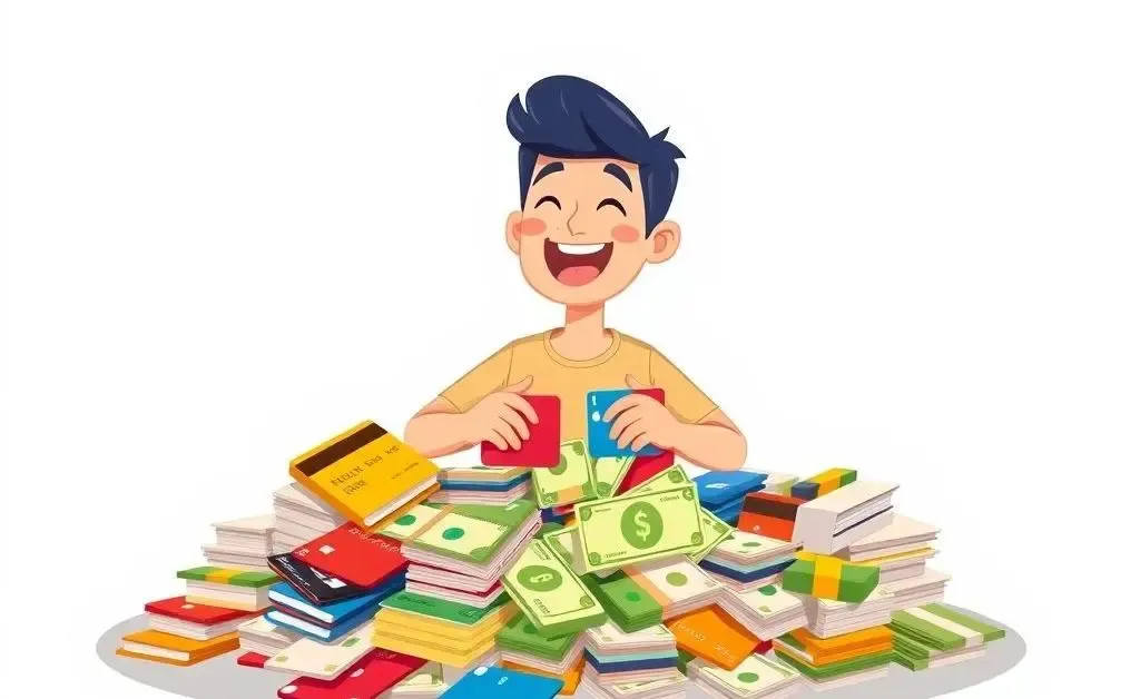 Person happily sorting through a pile of credit cards and cash rewards
