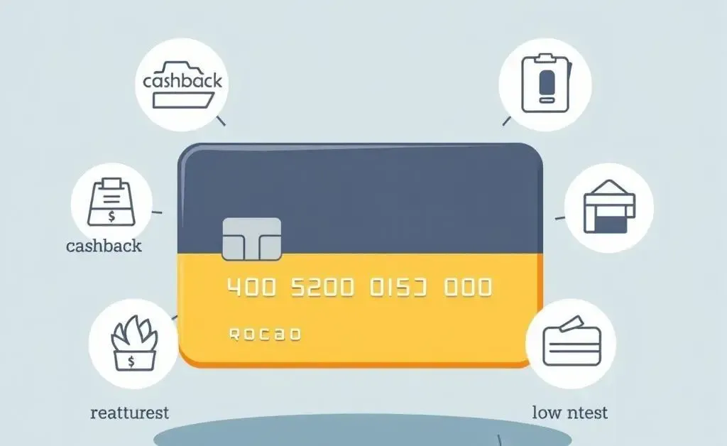 Cartoon credit card surrounded by icons representing different features