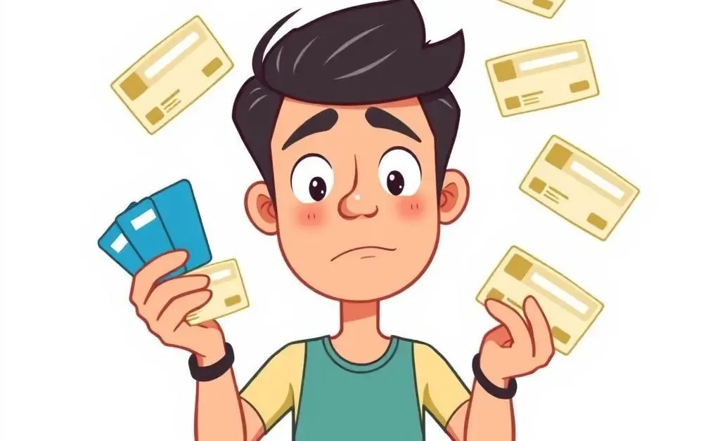 Person juggling multiple credit cards with a curious expression