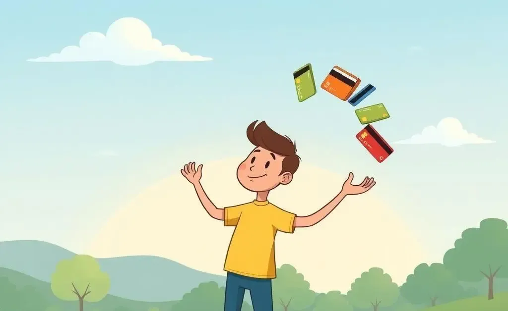 A person humorously juggling multiple credit cards