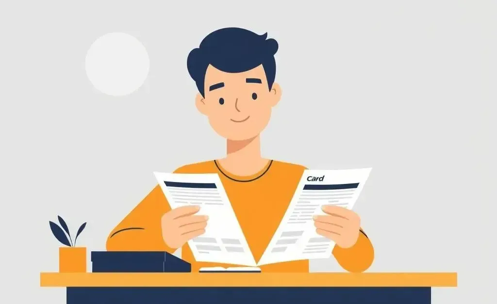 Person calmly reviewing credit card statements at a desk