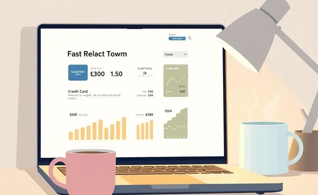 A cozy workspace with a laptop showing credit card reward points alongside a cup of coffee.