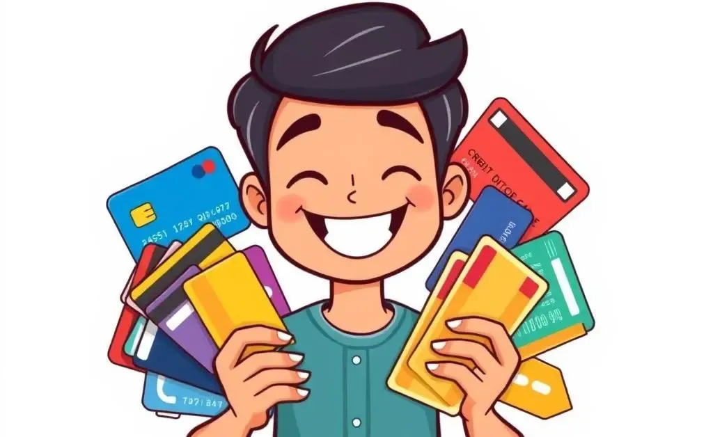 Person surrounded by credit cards and travel tickets, symbolizing credit card rewards.