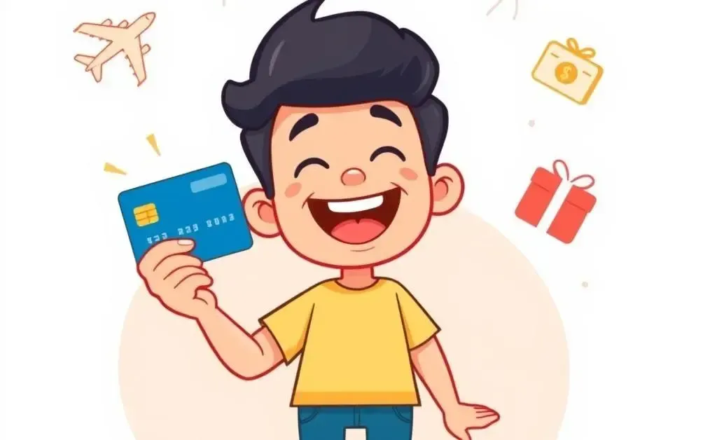 Person holding a credit card surrounded by rewards icons.