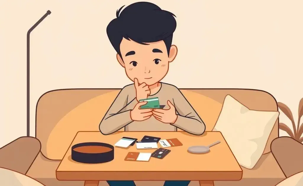 A person examining credit cards on a table