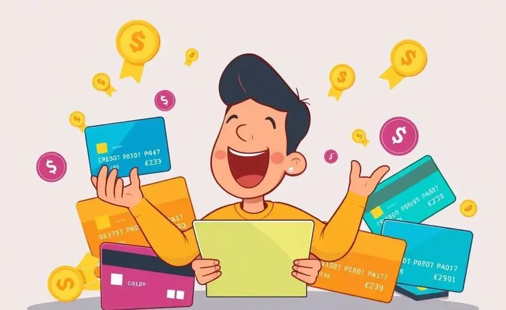 Person excitedly examining various credit cards with rewards and points icons around them